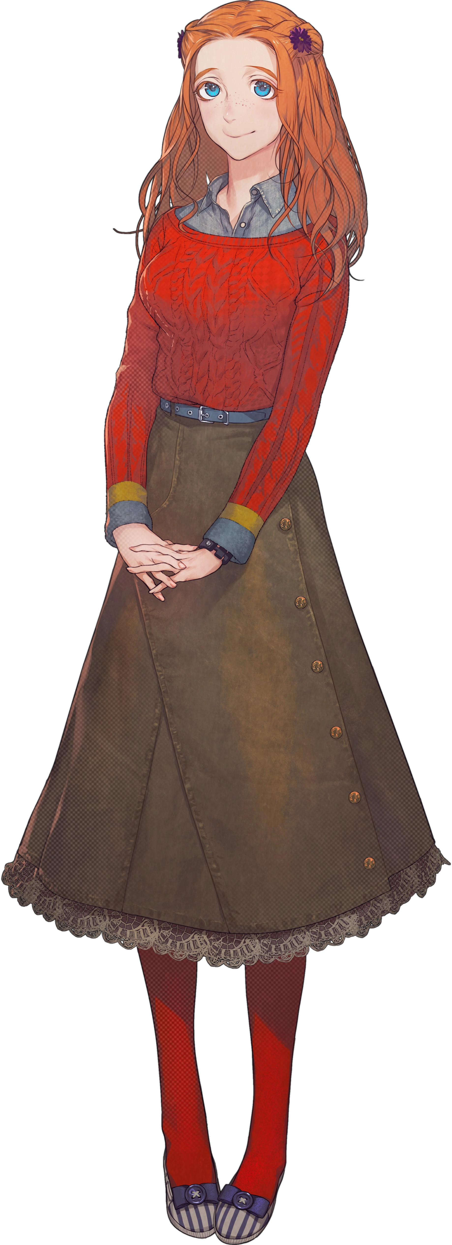 Diana, a young pale-skinned woman with freckles and ginger hair and blue eyes. She's wearing a red sweater with a blue-gray shirt underneath. She has a long dark green button-down skirt, and she's wearing red socks underneath. She is also wearing purple and white striped flats. She has a slight smile