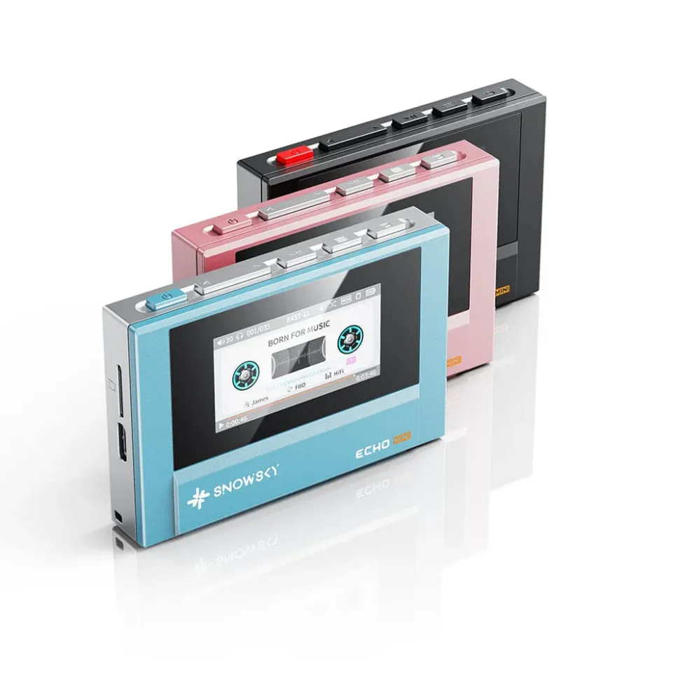 The FIIO Echo Mini. It is a rectangular digital audio player in the style of a cassette player. There are three color variants, light blue, pink, and black