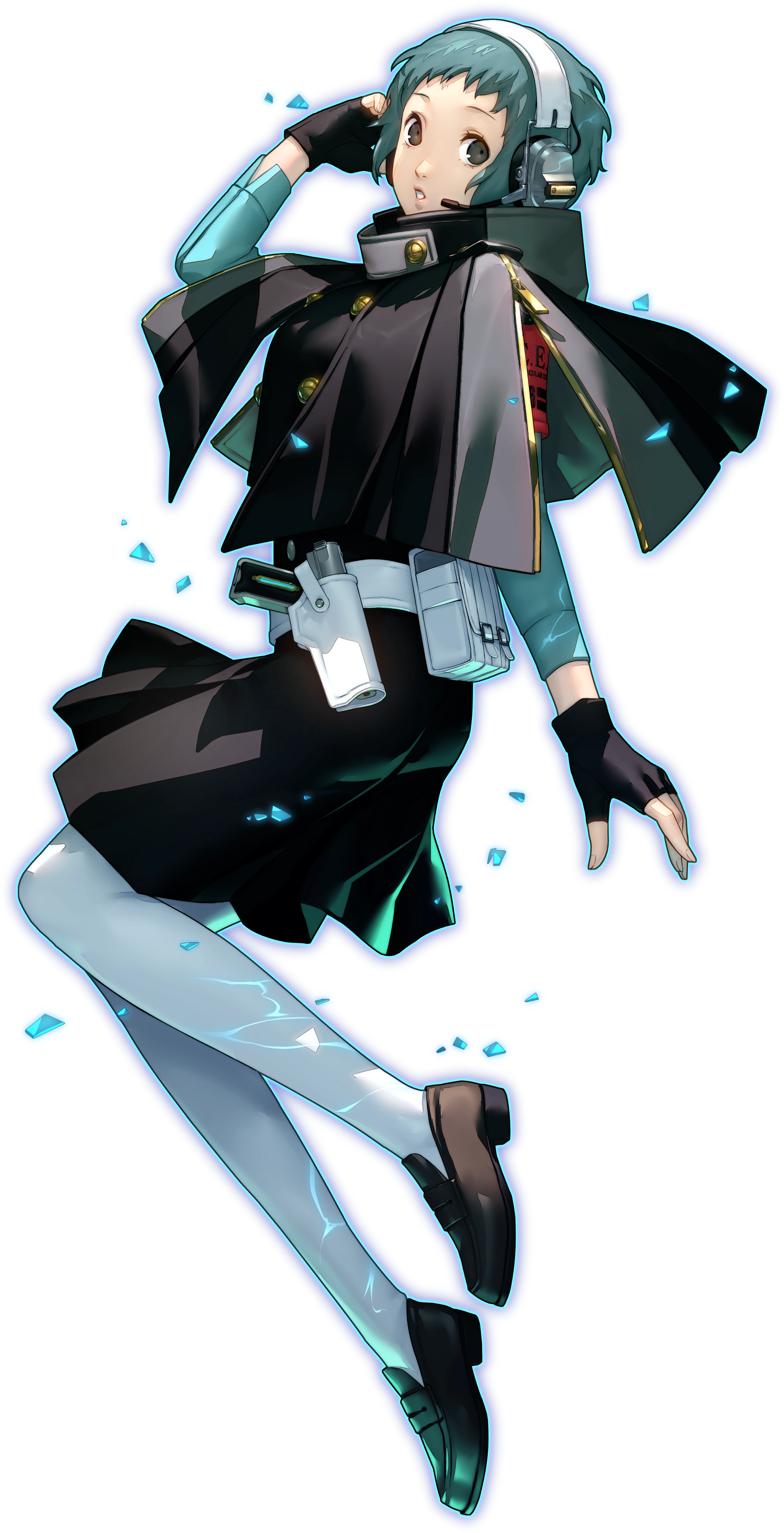 Fuuka Yamagishi from Persona 3. She is wearing a black school uniform with a cyan sweater underneath. She has a thick headset on.
