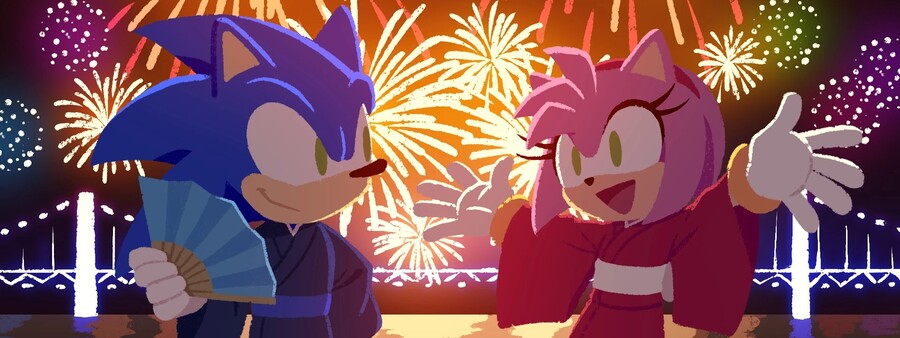 Sonic the Hedgehog and Amy Rose standing by a river at night, they are backlit by colorful fireworks. Sonic is wearking a dark blue yukata with a light blue obi, he is holding a light blue fan. Amy is wearing a red yukata with a white obi.