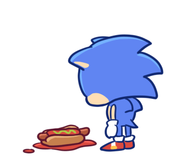 A cartoon styled Sonic the Hedgehog staring dejectedly at a chili dog.