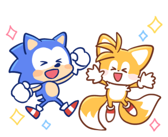 A cartoon styled Sonic the Hedgehog and Tails 'Miles' Prower jumping excitedly.