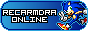 Sonic the Hedgehog running and doing the peace sign, Recarmdra online is typed out on white lettering